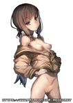 artist_name ass_visible_through_thighs bottomless breasts brown_hair cleft_of_venus hands_on_hips kantai_collection kitakami_(kantai_collection) long_hair looking_at_viewer navel nipples patreon_username purple_eyes redcomet school_uniform serafuku simple_background small_breasts solo watermark web_address white_background 
