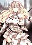  absurdres armor bad_id bad_pixiv_id belt blonde_hair blue_eyes breasts chain city cleavage collar detached_sleeves fate/apocrypha fate_(series) gorget groin highres jeanne_d'arc_(fate) jeanne_d'arc_(fate)_(all) large_breasts long_hair looking_at_viewer pale_skin plackart solo venomrobo wind 