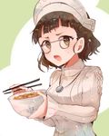  alternate_costume bowl brown_eyes brown_hair chopsticks food glasses headdress holding holding_bowl holding_chopsticks itomugi-kun jewelry kantai_collection long_sleeves multicolored multicolored_background necklace open_mouth pince-nez roma_(kantai_collection) short_hair solo sweater white_sweater 