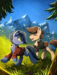  blue_fur brown_hair clothed clothing cutie_mark day detailed_background duo equine eyes_closed fan_character female feral fur grass grey_hair hair hi_res hioshiru hooves male mammal my_little_pony open_mouth outside smil smile tan_fur teeth tongue yellow_eyes 