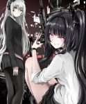  2girls absurdres architect_(girls_frontline) bangs black_hair blunt_bangs breasts casual expressionless gager_(girls_frontline) girls_frontline grin highres huge_filesize kamatama long_hair looking_at_viewer medium_breasts multiple_girls pale_skin pantyhose purple_eyes sangvis_ferri shirt side_ponytail skirt smile v weapon white_hair yellow_eyes 