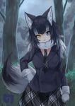  animal_ears black_hair blue_eyes breasts forest fur_collar gloves grey_wolf_(kemono_friends) hand_on_hip heterochromia highres kemono_friends large_breasts long_hair long_sleeves looking_at_viewer multicolored_hair nature necktie open_mouth skirt solo tail two-tone_hair waichi wolf_ears wolf_tail yellow_eyes 