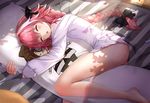  :o ass astolfo_(fate) bare_shoulders barefoot bed black_bow blanket blush bottomless bow braid closed_eyes dakimakura_(object) day fate/apocrypha fate/grand_order fate_(series) fujimaru_ritsuka_(male) hair_bow highres implied_yaoi indoors kira_(pixiv10023770) long_hair long_sleeves male_focus multicolored_hair object_hug off_shoulder on_bed open_mouth otoko_no_ko petals pillow pillow_hug pink_hair shirt single_braid sleeves_past_wrists solo streaked_hair sunlight very_long_hair white_hair white_shirt 