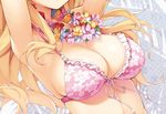  armpits arms_up bikini bikini_top blonde_hair copyright_request dutch_angle floral_print flower flower_necklace frill_trim front-tie_bikini front-tie_top head_out_of_frame jewelry long_hair necklace pink_bikini print_bikini senji_(tegone_spike) solo swimsuit 