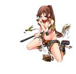  ash_yokoshima blue_eyes breasts broken broken_weapon brown_hair cleavage full_body large_breasts long_hair midriff navel nejou_(oshiro_project) official_art oshiro_project oshiro_project_re ponytail sandals sitting solo thighhighs torn_clothes transparent_background very_long_hair weapon 