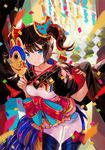  black_hair blue_eyes blue_hair bow breasts collarbone confetti fuji_choko hair_ornament highres holding holding_mask large_breasts looking_at_viewer mask multicolored_hair original parted_lips red_bow red_hair short_hair solo twintails 