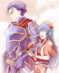  1girl ane-suisei armor blue_eyes blue_hair blush cape closed_eyes dress father_and_daughter fire_emblem fire_emblem:_fuuin_no_tsurugi fire_emblem:_rekka_no_ken fire_emblem_heroes hat hector_(fire_emblem) lilina long_hair open_mouth short_hair simple_background smile 