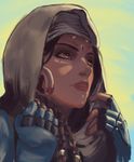  alternate_costume bedouin_pharah blue_background brown_eyes brown_lipstick dark_skin day derivative_work earrings eyeliner facial_mark fingerless_gloves gloves green_background green_sky hair_tubes highres hijab hoop_earrings jewelry lips lipstick long_ai looking_away looking_up makeup nose outdoors overwatch parted_lips pharah_(overwatch) portrait side_braids solo 