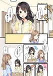  2girls apron bangs black_hair brown_hair comic commentary_request directional_arrow eating flying_sweatdrops green_eyes hair_ornament hairclip heart long_hair mother_and_daughter multiple_girls niichi_(komorebi-palette) notice_lines original pajamas plate short_sleeves translated 