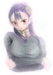  1girl ashei bangs black_hair breasts crossed_arms gorget hairpods highres large_breasts long_hair red_eyes ribbed_sweater solo sweater the_legend_of_zelda the_legend_of_zelda:_twilight_princess upper_body 