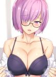  1girl bare_shoulders blush bra breasts commentary_request eyebrows_visible_through_hair fate/grand_order fate_(series) glasses hair_over_one_eye heavy_breathing highres large_breasts lavender_hair looking_at_viewer mash_kyrielight midriff open_clothes open_mouth open_shirt purple_bra purple_eyes shinyashiki shirt short_hair sweatdrop underwear upper_body white_shirt 