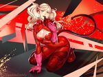  1girl arched_back blonde_hair blue_eyes bodysuit breasts cleavage double_darkly kneeling long_hair mask medium_breasts naughty_face persona persona_5 smile solo takamaki_anne thigh_boots twintails 