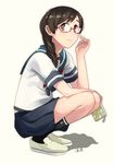  anchor_symbol bad_id bad_pixiv_id black_legwear book braid brown_eyes brown_hair character_name full_body glasses hair_ribbon holding holding_book kantai_collection looking_at_viewer makio_(makiomeigenbot) pleated_skirt ribbon school_uniform serafuku short_sleeves skirt solo squatting uranami_(kantai_collection) white_background 