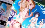  3girls bikini eromanga_sensei food hat izumi_masamune izumi_sagiri kaho_okashii long_hair multiple_girls one-piece_swimsuit popsicle school_swimsuit senju_muramasa short_hair side-tie_bikini signature striped striped_bikini summer swimsuit water yamada_elf 