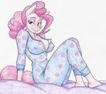  2017 anthro anthrofied bedroom_eyes breasts cleavage clothed clothing equine female flicker-show friendship_is_magic half-closed_eyes horse mammal my_little_pony nipple_bulge onesie pinkie_pie_(mlp) pony pose seductive sitting solo traditional_media_(artwork) 