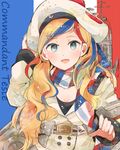  :d anchor_hair_ornament bangs belt beret blonde_hair blue_eyes blue_hair character_name commandant_teste_(kantai_collection) double-breasted flag_background french_flag hair_ornament hat itomugi-kun kantai_collection long_hair looking_at_viewer machinery multicolored_hair open_mouth pom_pom_(clothes) red_hair scarf smile solo streaked_hair swept_bangs white_hair 