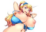  :d arms_behind_head arms_up bangs bikini_top blonde_hair blue_bikini_top blue_eyes blunt_bangs blush breasts breasts_outside commentary_request earrings eyebrows_visible_through_hair front-tie_bikini front-tie_top galko hair_ornament hair_scrunchie huge_breasts itachou jewelry long_hair looking_at_viewer looking_down navel nervous_smile nipples open_mouth oshiete!_galko-chan puffy_nipples raised_eyebrows scrunchie smile solo stomach stud_earrings sweat two_side_up wardrobe_malfunction wavy_hair 