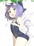  :3 animal_ears ass bad_id bad_twitter_id blue_bow blue_hair bow cat_ears cat_tail cirno cowboy_shot fang green_eyes hair_bow highres ice ice_wings kemonomimi_mode looking_at_viewer one-piece_swimsuit saple school_swimsuit simple_background smile solo swimsuit tail touhou white_background wings 
