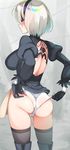  adjusting_clothes adjusting_leotard asahina_hikage ass blindfold breasts cowboy_shot feather_trim highres juliet_sleeves large_breasts leotard long_sleeves medium_hair nier_(series) nier_automata profile puffy_sleeves shoulder_blades silver_hair solo standing thighhighs yorha_no._2_type_b 