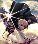  blonde_hair blue_eyes cape christa_renz cloud cloudy_sky commentary_request highres kisaragi_yuu_(fallen_sky) long_sleeves looking_at_viewer midair pants paradis_military_uniform ponytail shingeki_no_kyojin sky smile solo sunlight three-dimensional_maneuver_gear white_pants 