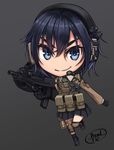  assault_rifle black_hair blue_eyes bullpup chibi dreadtie fn_f2000 gloves gun headset knee_pads original rifle short_hair signature simple_background solo weapon 