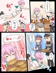  bismarck_(kantai_collection) blonde_hair capelet cat comic dress graf_zeppelin_(kantai_collection) hat highres holding holding_plate jumping kantai_collection long_hair long_sleeves midriff multiple_girls pantyhose peaked_cap pink_hair plate pleated_skirt prinz_eugen_(kantai_collection) sailor_dress sailor_hat school_uniform serafuku short_hair sidelocks skirt tama_(kantai_collection) thighhighs translation_request tsukemon twintails z3_max_schultz_(kantai_collection) 