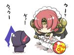  1girl armor armored_boots berserker_(fate/zero) boots breasts candy chibi chupa_chups comic commentary_request dress fate/apocrypha fate/zero fate_(series) feathers food frankenstein's_monster_(fate) full_armor gloves glowing glowing_eyes goma_(gomasamune) headgear helmet hidden_eyes highres holding holding_food holding_lollipop lollipop medium_breasts open_mouth oversized_object pink_hair shadow sleeveless sleeveless_dress translation_request white_background white_dress 