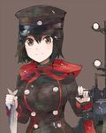  akitsu_maru_(kantai_collection) black_eyes black_hair brown_background buttons fish gloves hair_between_eyes hat holding_fish itomugi-kun kantai_collection long_sleeves military military_uniform peaked_cap short_hair simple_background smile solo uniform white_gloves 