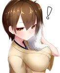  1girl boruhis breasts brown_eyes brown_hair hair_between_eyes japanese_clothes kaga_(kantai_collection) kantai_collection large_breasts short_hair side_ponytail simple_background solo sweat towel white_background wide_sleeves 