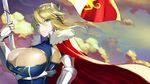  armor artoria_pendragon_(all) artoria_pendragon_(lancer) blonde_hair braid breasts bursting_breasts cape cleavage cleavage_cutout cloud crown fate/grand_order fate_(series) flag gauntlets green_eyes holding huge_breasts long_hair looking_at_viewer looking_to_the_side muunyan_(yumenekoya) polearm red_cape shiny shiny_skin sky smile solo spear weapon 