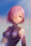  aaanax absurdres bare_shoulders elbow_gloves fate/grand_order fate_(series) gloves hair_over_one_eye highres lavender_hair looking_at_viewer mash_kyrielight purple_eyes sky smile solo 