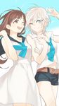  anastasia_(idolmaster) belt blue_eyes blush brown_eyes brown_hair dress electric_flower idolmaster idolmaster_cinderella_girls locked_arms long_hair multiple_girls necktie nitta_minami one_eye_closed open_mouth parted_lips sailor_collar short_hair shorts silver_hair sky smile teeth wind yuri 