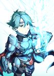  alm_(fire_emblem) armor belt electricity falchion_(fire_emblem) fire_emblem fire_emblem_echoes:_mou_hitori_no_eiyuuou gloves green_eyes green_hair headband left-handed male_focus shield solo sword takatsuki_nato weapon white_background 