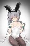  &gt;:( absurdres animal_ears bare_shoulders black_legwear blush breasts brown_eyes bunny_ears bunnysuit closed_mouth collarbone covered_navel eyebrows_visible_through_hair fake_animal_ears frown gradient gradient_background grey_hair hair_ribbon hairband hands_on_own_chest highres kantai_collection kasumi_(kantai_collection) leotard long_hair mitsudoue pantyhose ribbon side_ponytail simple_background sitting small_breasts solo tsurime v-shaped_eyebrows wrist_cuffs yokozuwari 