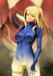  armor blonde_hair bodysuit breasts covered_navel covered_nipples cowboy_shot green_eyes holster impossible_clothes lips long_hair medium_breasts metroid miyo_(13th_floor) ponytail projected_inset samus_aran sidelocks skin_tight smile thigh_holster thigh_strap varia_suit zero_suit 