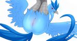  2017 absurd_res anthro anus articuno avian beak big_butt bird blue_feathers breasts butt digital_media_(artwork) feathered_wings feathers female happy hi_res legendary_pok&eacute;mon looking_at_viewer lying napdust nintendo nude on_back pok&eacute;mon presenting pussy red_eyes side_boob simple_background smile solo video_games white_background wings 