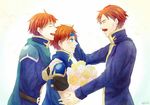  armor blue_eyes cape closed_eyes elbert_(fire_emblem) eliwood_(fire_emblem) facial_hair father_and_son fire_emblem fire_emblem:_fuuin_no_tsurugi fire_emblem:_rekka_no_ken fire_emblem_heroes grandfather_and_grandson headband kazame male_focus multiple_boys mustache older red_hair roy_(fire_emblem) short_hair smile white_background 