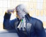  algorithmus backlighting cravat earrings forehead gyakuten_saiban high_collar jewelry karuma_gou male_focus nose old_man profile solo stud_earrings upper_body white_hair wrinkled_skin 