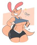  anthro big_breasts breasts brown_eyes clothing female gloves happy kangaroo kilinah mammal marsupial midriff muscular muscular_female shorts simple_background split_(character) sweat thick_thighs wide_hips 