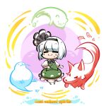  1girl :3 =_= bird black_hairband black_ribbon chibi closed_eyes commentary_request eagle_spirit_(touhou) frilled_skirt frills green_skirt hairband kashuu_(b-q) kiwi_(bird) konpaku_youmu konpaku_youmu_(ghost) otter_spirit_(touhou) puffy_short_sleeves puffy_sleeves ribbon short_sleeves skirt sweat touhou white_hair wily_beast_and_weakest_creature wolf wolf_spirit_(touhou) 