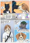 airam annoyed baseball_cap black_body black_fur black_hair blue_eyes boop brown_eyes canid canine canis chin_lick city clothing comic computer confusion dialogue digitigrade domestic_dog duo electronics english_text eye_through_hair eyebrow_through_hair eyebrows fur gaikotsu hair hat headgear headwear hi_res highlights_(coloring) kissing laptop logo male male/male mammal messenger_bag nose_boop rhinoceros romantic romantic_couple rushing ryan_(gaikotsu) scrunched_nose scrunchy_muzzle shirt smile storefront street surprised t-shirt tan_body tan_fur tank_top tauski text thought_bubble topwear translucent translucent_hair walking white_rhinoceros winded wolf yelling