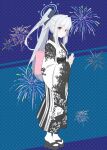  1girl aerial_fireworks alternate_costume animal_print back_bow black_bow black_kimono blue_archive blue_background blush bow braid branch_print closed_mouth commentary fireworks full_body hair_between_eyes hair_bow hair_intakes half_up_braid hand_up highres huge_bow japanese_clothes kimono leaf_print long_hair long_sleeves looking_at_viewer miyako_(blue_archive) open_hand pink_bow polka_dot polka_dot_background ponytail print_kimono purple_eyes rabbit_print royal_zeng sandals sidelocks simple_background smile solo standing tabi very_long_hair waving white_hair wide_sleeves yukata zouri 