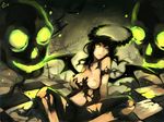  bad_id bad_pixiv_id black_hair black_rock_shooter breasts chain dead_master green_eyes horns large_breasts long_hair navel nipples self_fondle sitting skull solo torn_clothes wings zhuxiao517 