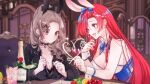  2girls absurdres black_bow blue_bow blue_bowtie blue_eyes blue_ribbon bottle bow bowtie breasts brown_eyes brown_hair champagne_bottle character_request cleavage commentary hair_ribbon highres long_hair long_sleeves multiple_girls open_mouth phase_connect red_hair red_nails ribbon rosemi_milktea sinon_sinfonia virtual_youtuber white_wrist_cuffs wrist_cuffs 