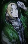  1boy absurdres belt black_background black_nails blonde_hair bob_cut closed_mouth coat collared_shirt colored_skin cosplay ear_piercing green_coat green_eyes grey_skin highres hood hood_up hooded_coat long_sleeves looking_at_viewer lost_in_the_book_with_tim_burton's_the_nightmare_before_christmas male_focus multiple_belts nail_polish neck_tattoo patchwork_clothes piercing ponytail rook_hunt scar scar_on_cheek scar_on_face scar_on_forehead scar_on_mouth shirt short_hair smile tattoo the_nightmare_before_christmas twisted_wonderland waiterutansan 