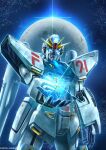  as'maria blue_eyes commentary_request cowboy_shot f91_gundam flower glowing glowing_eyes gundam gundam_f91 highres lily_(flower) mecha mecha_focus mobile_suit moon no_humans official_art outstretched_arm robot science_fiction second-party_source solo standing star_(sky) sunrise_(company) v-fin white_flower 