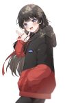  1girl \||/ black_hair black_jacket black_leggings blue_eyes blunt_bangs cowboy_shot from_side futaba_nanami hand_in_pocket highres hood hood_down hooded_jacket jacket leggings long_hair long_sleeves multicolored_jacket nijisanji open_mouth red_jacket simple_background smile solo tsukino_mito tsukino_mito_(sporty) two-tone_jacket white_background 