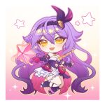  1girl bandaged_leg bandages chibi chibi_only clothing_cutout commentary dress hairband highres honkai_(series) honkai_impact_3rd long_hair looking_at_viewer magical_girl navel navel_cutout purple_dress purple_hair purple_hairband sirin sirin_(miracle_magical_girl) solo star_(symbol) symbol-shaped_pupils tsuume untranslatable_commentary very_long_hair x-shaped_pupils yellow_eyes 