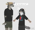 angry anthro argument bioware black_clothing black_nose black_shirt black_t-shirt black_topwear blonde_hair bottomwear brown_body brown_fur clothed clothing displeased drunkmagpie duo ear_piercing electronic_arts english_text eyewear fangs felid feline female fingers fluffy fluffy_tail fur furry_tail glasses green_bottomwear green_clothing green_eyes green_shorts grey_body hair hat headgear headwear hi_res male male/female mammal markings mass_effect moschid multicolored_body multicolored_fur musk_deer n7 pallas's_cat piercing print_clothing print_shirt print_t-shirt print_topwear reaper_(mass_effect) shirt shorts smile speech_bubble striped_markings striped_tail stripes t-shirt tail tail_markings teeth text topwear wearing_glasses