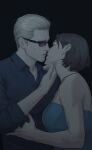  1boy 1girl albert_wesker artist_name bare_shoulders black_background blonde_hair blue_shirt blue_tube_top breasts closed_eyes collared_shirt commentary_request face-to-face facing_another french_commentary from_side hand_on_another's_stomach hetero highres imminent_kiss jill_valentine medium_breasts open_mouth resident_evil rya6ina shirt short_hair signature simple_background strapless sunglasses tube_top upper_body 